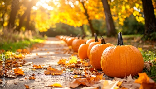 Fototapeta Naklejka Na Ścianę i Meble -  Autumn Path Pumpkins Fall Leaves.