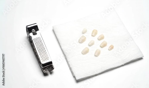 Flat Lay of Nail Clippers and Grooming Tools. Macro Shot of Cotton Cleaning Fingernails After Trimming. Realistic Nail Care Set with Metal Clippers. Minimal Nail Grooming Accessories.