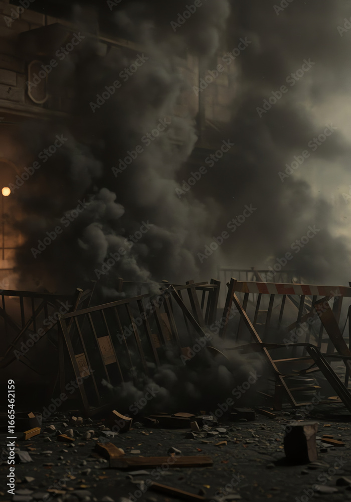 Fototapeta premium Smoke rising from debris in a desolate urban environment