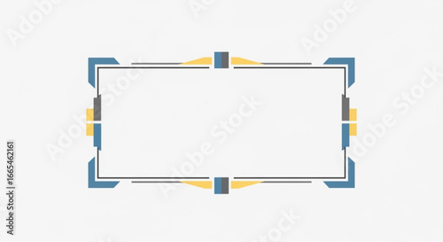 Geometric decorative frame with blue, yellow, and grey accents on a white background.