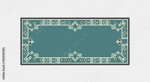 A teal rectangular runner rug with an intricate, symmetrical geometric border in an Art Deco style, shown on a plain background.