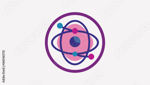 Atomic Structure Icon with Orbiting Spheres in Pink, Teal, and Purple on White symbol science