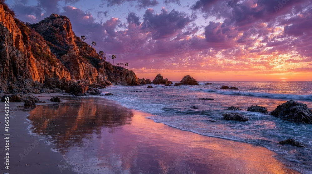 Obraz premium Coastal sunset, dramatic colors reflect on calm water