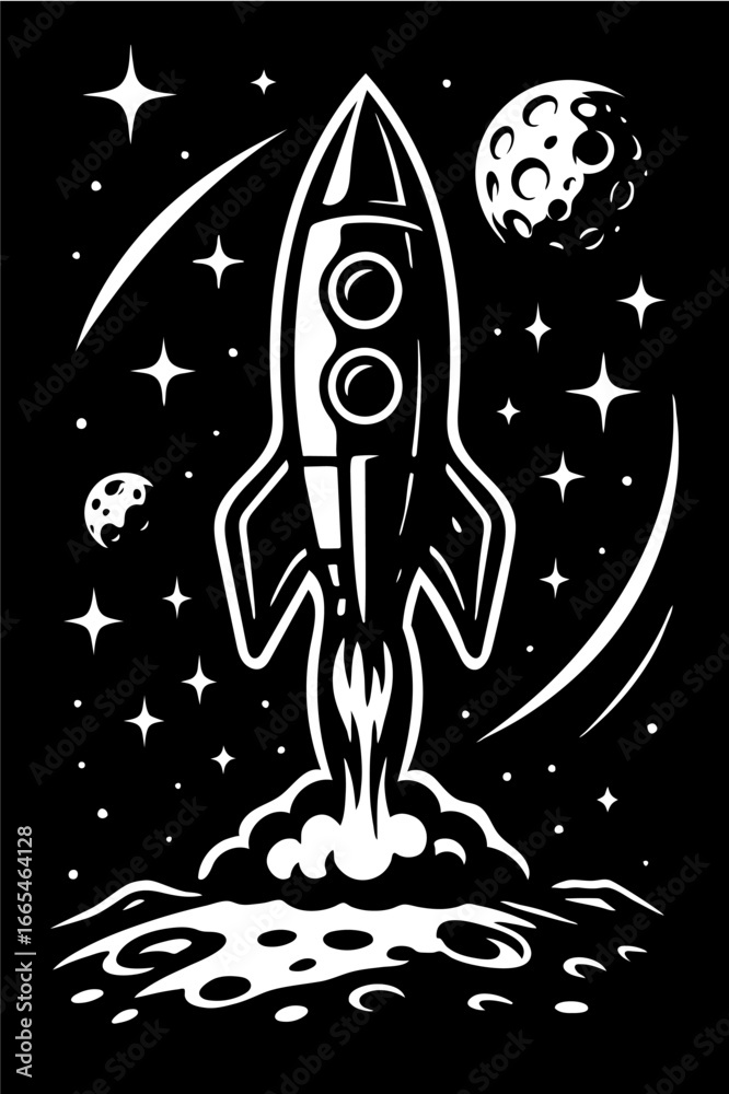 Fototapeta premium Rocket launching into space surrounded by stars and moons