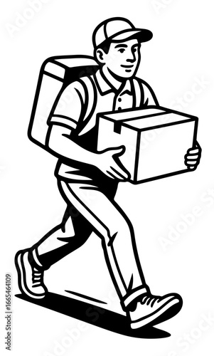 Delivery person carrying a parcel on a busy street at daytime