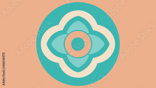 Circular floral motif with teal, cream, and peach colors on a peach background abstract