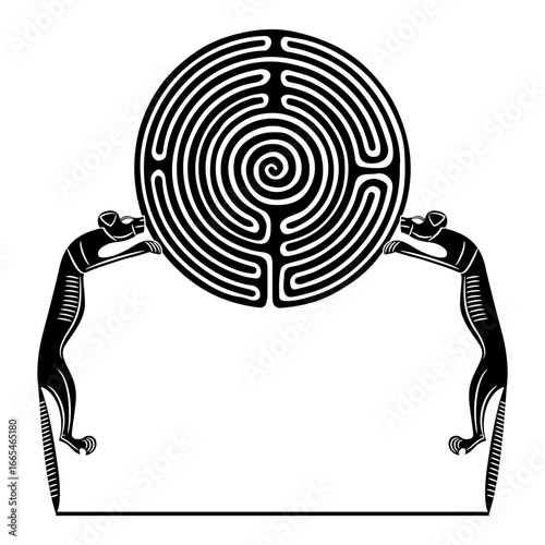 Symmetrical design with two hyenas holding a round spiral maze or labyrinth symbol. Enigma of ancient Egyptian civilization. Black and white silhouette.