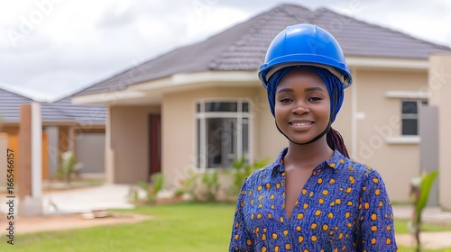 Smiling Female Architect Wearing Blue Helmet Near New House Construction