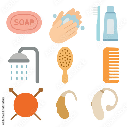 Personal Care Essentials: A collection of essential personal care items, from soap to toothbrush, showcasing the routine of cleanliness and hygiene in a simple and eye-catching way.