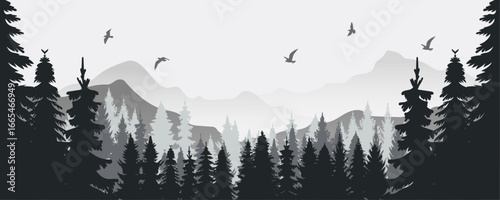 Forest silhouette banner illustration featuring a layered landscape with a line of pine trees mountains and flying birds creating a panoramic view in shades of gray.