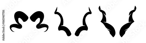 Vector illustration set of stylized horn silhouettes featuring a variety of black designs including classic antlers and sharp points perfect for animal or fantasy themed art.