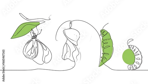A continuous line drawing depicts the stages of a butterfly's life cycle, from egg to caterpillar to pupa to butterfly, all connected by a single line.