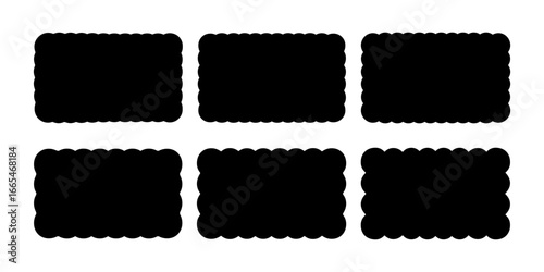 Set or rectangular shapes with scalloped borders. Tags, labels, stamps or price coupons rectangle boxes with frilly edges isolated on white background. Vector fgraphic illustration.