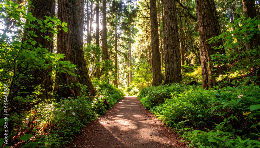 Naklejka premium Forest path with tall trees and lush green foliage under sunlight creating peaceful and inviting natural atmosphere for walking and exploring outdoors