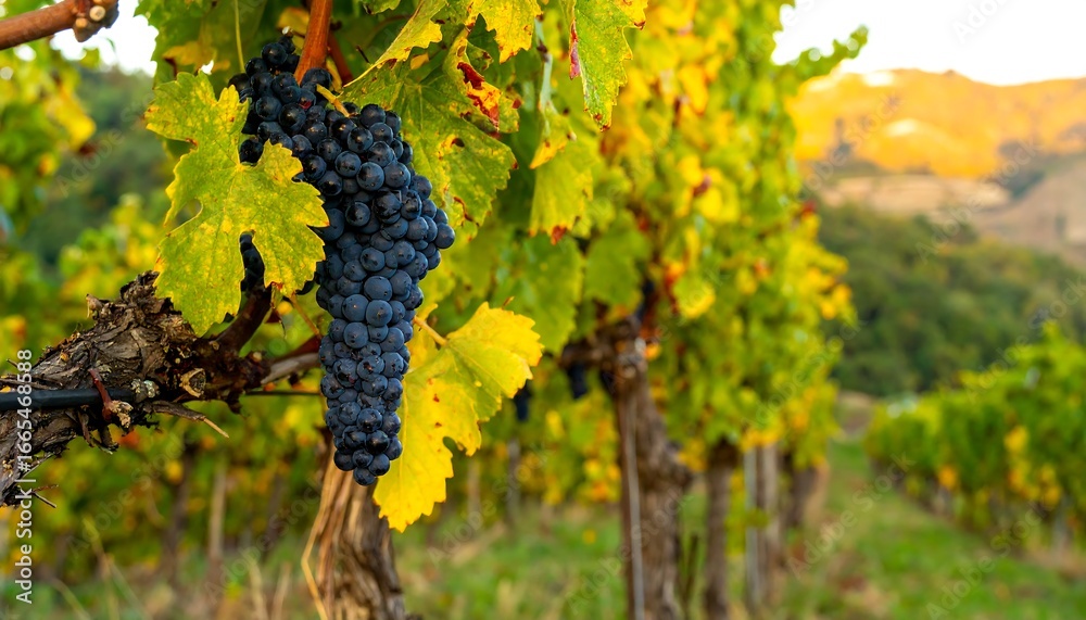 Naklejka premium A cluster of ripe, dark grapes hangs from a vine amidst vibrant autumn foliage in a vineyard setting.