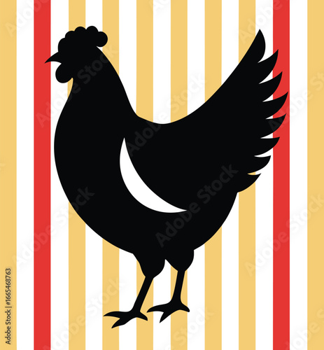 a chicken silhouette on retro stripe on white back.eps