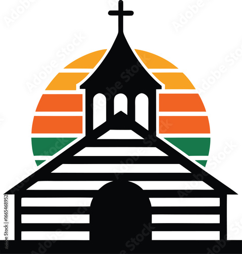 a church silhouette on retro stripe sun on white b.eps