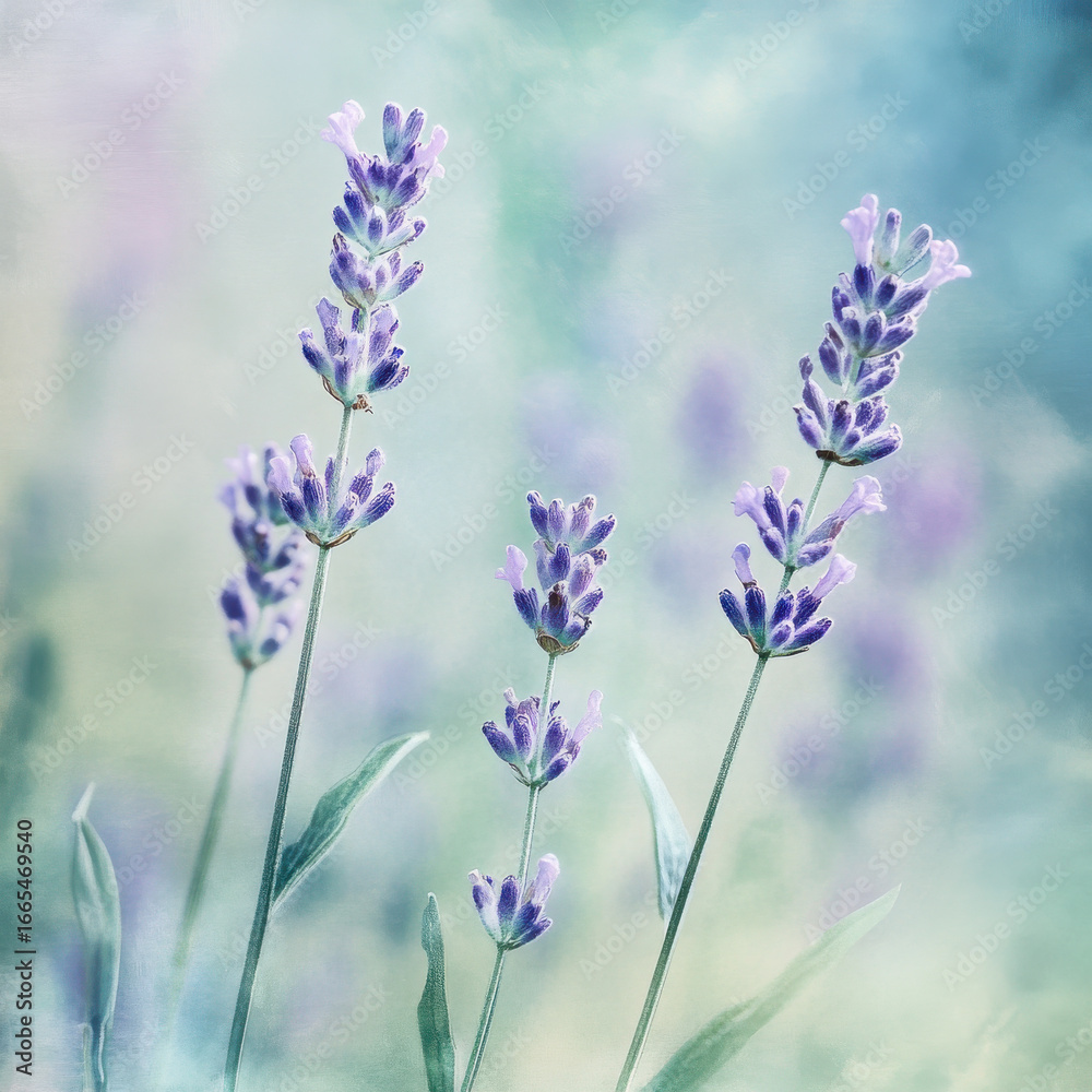 Naklejka premium Soothing spa-inspired pastel blur, calming aquas and soft lavenders blending harmoniously, peaceful and elegant fine art texture