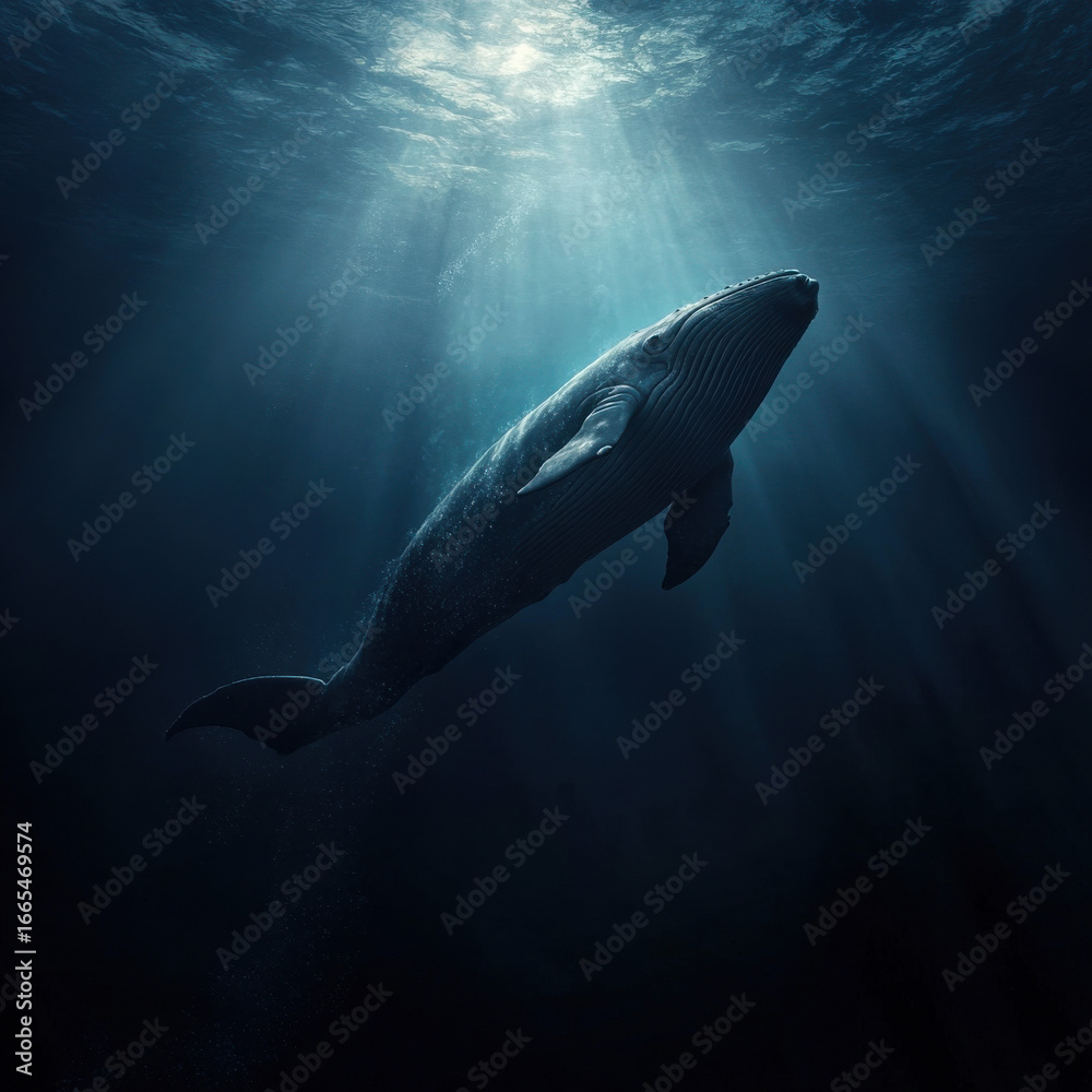 Fototapeta premium Sperm whale diving into the abyss, dramatic deep-sea lighting, vast open ocean backdrop, cinematic marine wildlife photography, ultra-detailed textures, high-resolution clarity 