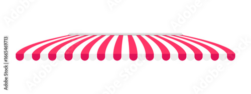 Shop awning with red and white stripes. Striped cafe terrace or store window canopy. Outdoor market tent isolated on white background. Stall sunshade. Kiosk umbrella. Vector flat illustration.