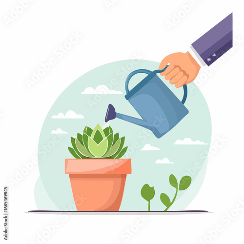 Hand Watering Succulent Plant In Pot