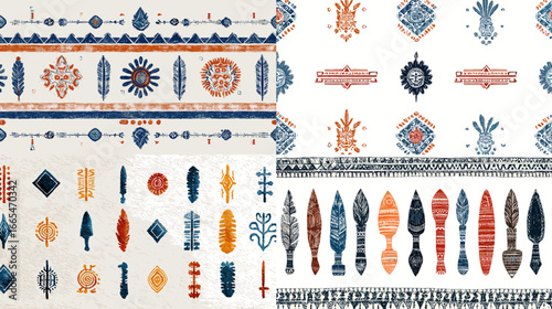 Tribal ethnic motifs and patterns in rustic colors inspired by native art, ideal for textile design, background decoration, and traditional cultural themes.