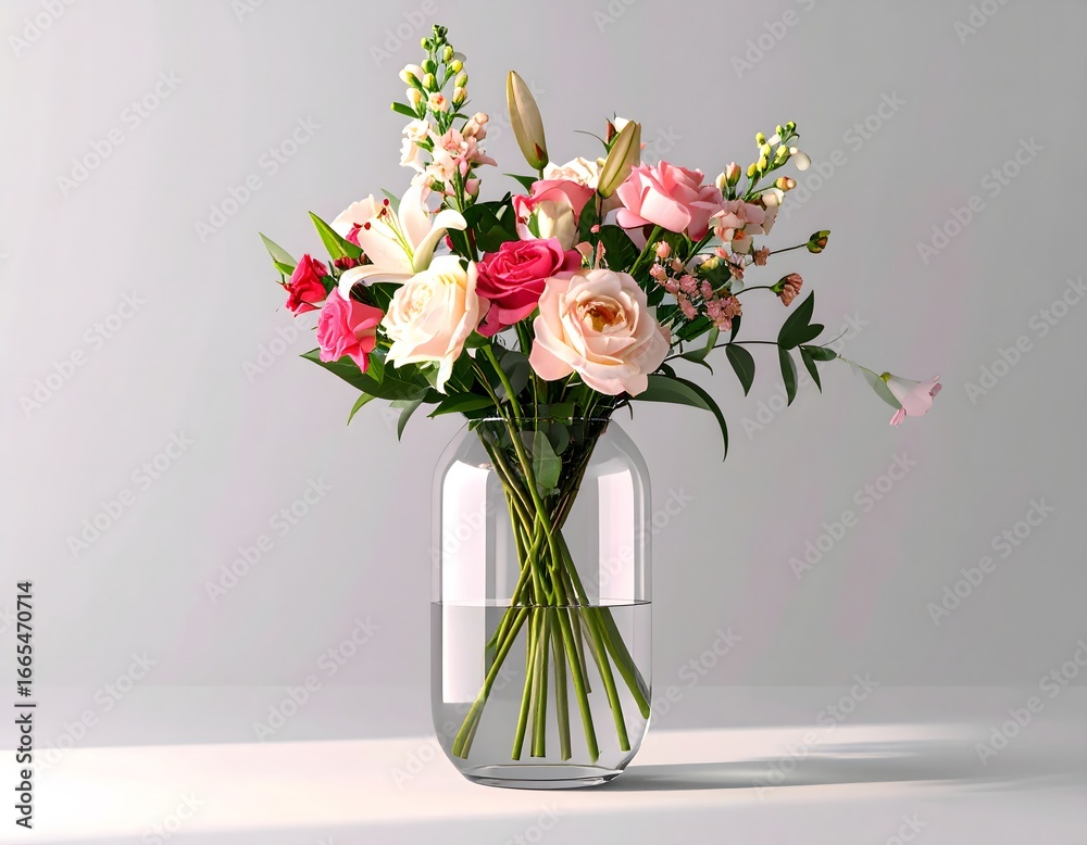 Fototapeta premium Translucent Plastic Vase with Vibrant Flowers and Water Reflections on Soft Gray Background