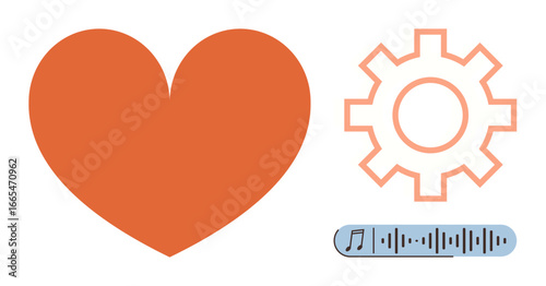 Orange heart, outlined gear, and blue music bar symbolize emotion, innovation, and artistic creativity. Ideal for healthcare, technology, multimedia, creativity innovation user experience