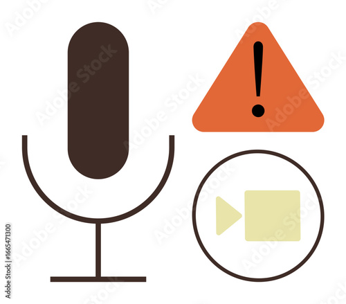 Brown microphone, orange warning triangle with exclamation mark, and yellow video camera icon. Ideal for media tools, recording, broadcasting, communication, alerts, media errors simple flat