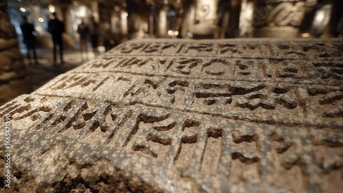 Ancient stone with cuneiform inscriptions in museum. Mesopotamian artifact exhibit. Archaeological discovery of early writing system. Historical preservation of Sumerian culture.