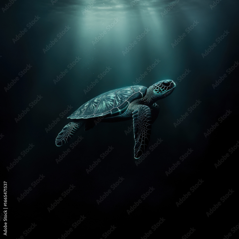 Fototapeta premium Turtle emerging from the deep sea, dark mysterious background, gentle ambient light illuminating textures, cinematic wildlife photography, ultra-high resolution 