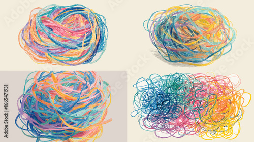 Vibrant rainbow colored tangled yarn strings abstract illustration, symbolizing chaos, creativity, and messy playful energy in artistic composition.