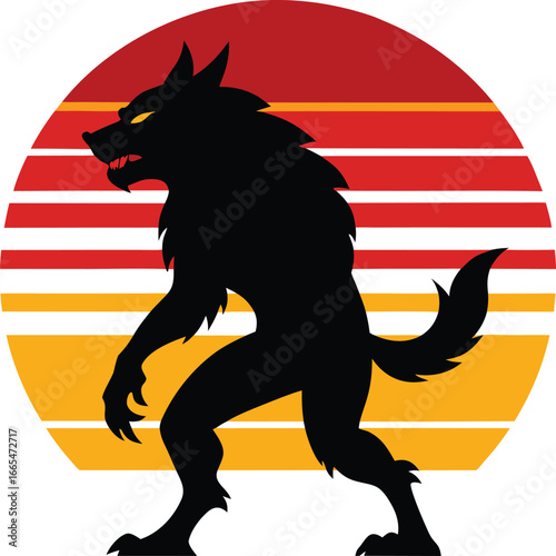 a werewolf silhouette on retro stripe sun on white.eps