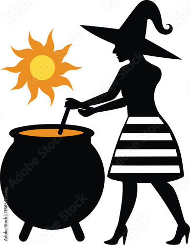 a witch stirring cauldron silhouette on retro stri.eps