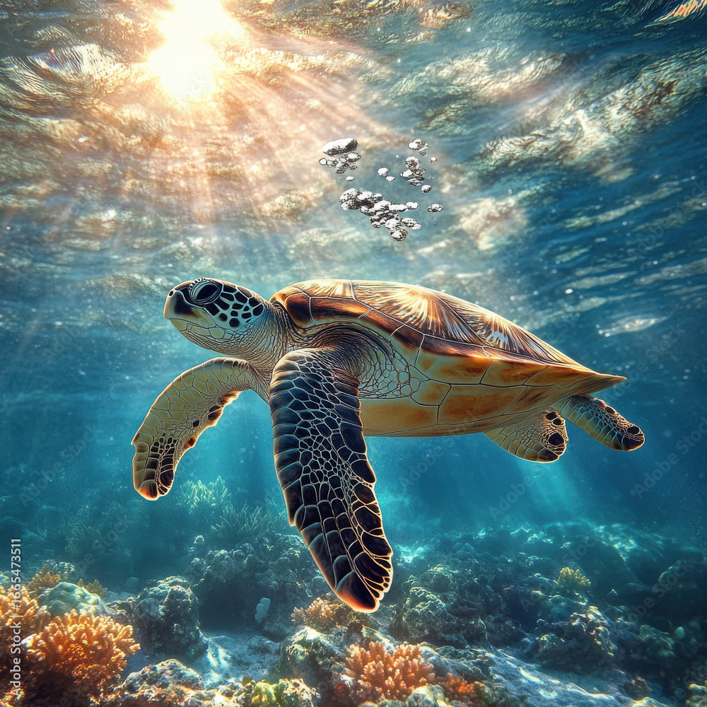 Fototapeta premium Turtle swimming gracefully in crystal-clear tropical waters, vibrant coral reef below, sunlight filtering through the waves, ultra-detailed textures, cinematic underwater photography 