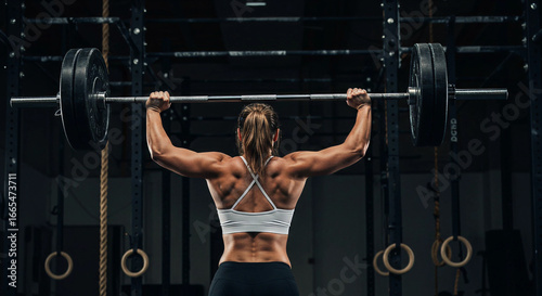Athletic woman performing weightlifting exercise in gym, showing muscular back strength and determination during overhead barbell lift.