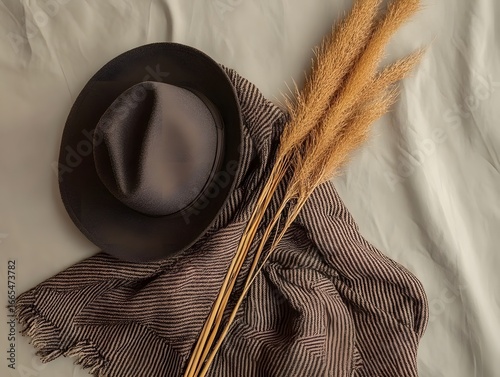 Stylish Fedora Hat, Brown Scarf, Dried Pampas Grass Autumn Flatlay