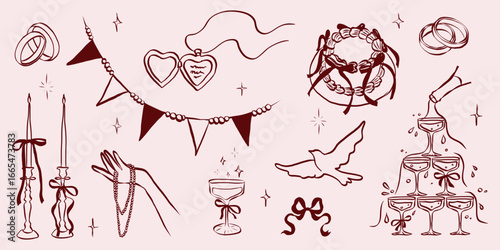 Hand drawn coquette wedding elements. Vintage cute symbols with ribbon and bow in simple crayon sketch style. Trendy art for Valentine day and bachelorette invitations. Whimsical vector illustration