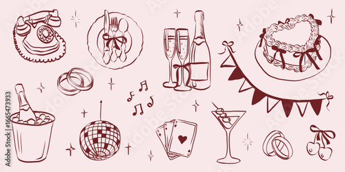 Hand drawn coquette wedding elements. Vintage cute symbols with ribbon and bow in simple crayon sketch style. Trendy art for Valentine day and bachelorette invitations. Outline vector illustration