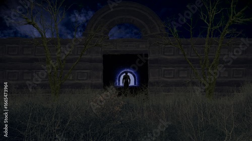 Man walking into ancient tunnel