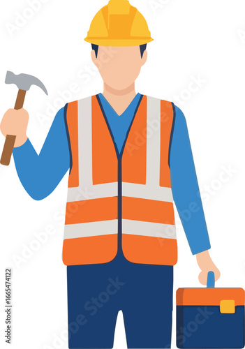 Vector illustration of a male construction worker wearing a hard hat and safety vest, holding a hammer and toolbox. Professional builder or handyman character for industrial concepts