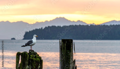 A seagull perches serenely on weathered wooden pilings, a tranquil sunrise paints the distant mountains.