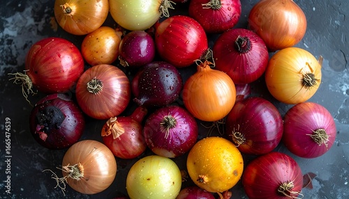 A vibrant display of various colorful onions, showcasing a range of hues and textures against a dark background.