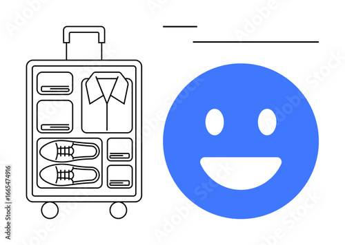 Transparent suitcase packed with clothes and shoes alongside blue smiling face. Ideal for travel tips, packing organizers, luggage planning, simplicity, organization, travel essentials, simple