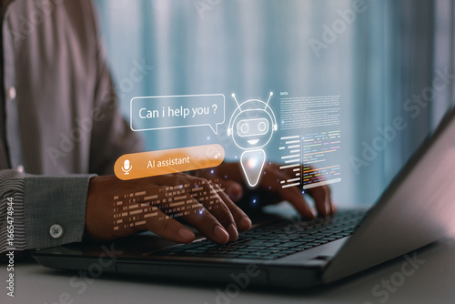 AI virtual assistant chatbot interface on laptop screen, futuristic technology concept for customer service, business communication and digital transformation with artificial intelligence solutions.