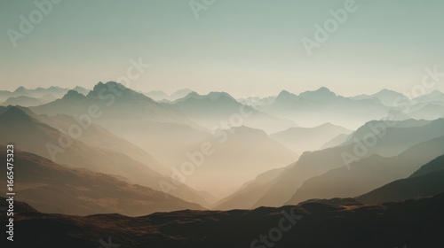 Serene Misty Mountain Landscape at Sunrise with Layers of Soft Hues and Gentle Light