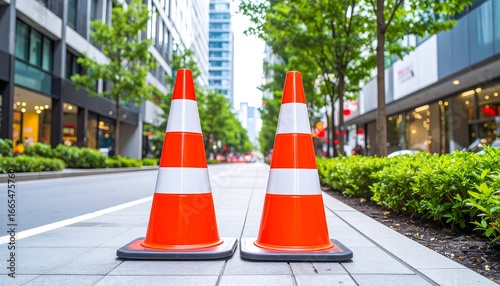 Two bright orange traffic cones with white stripes stand on a city street, marking a temporary closure.