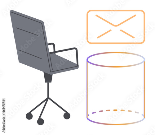 Office chair with armrests, orange outline of email envelope, transparent cylinder. Ideal for workplace, communication, organization, technology, network management teamwork. Simple flat metaphor