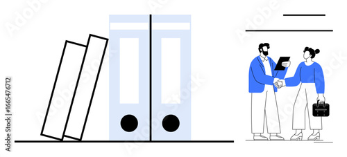 Two coworkers shake hands while reviewing documents beside large office folders. Ideal for teamwork, partnership, organization, data management, workplace productivity, collaboration, professional