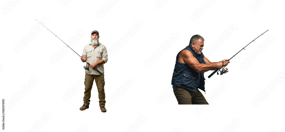 Obraz premium Fishing action with experienced anglers outdoor setting portraits dynamic environment perspective isolated set PNG